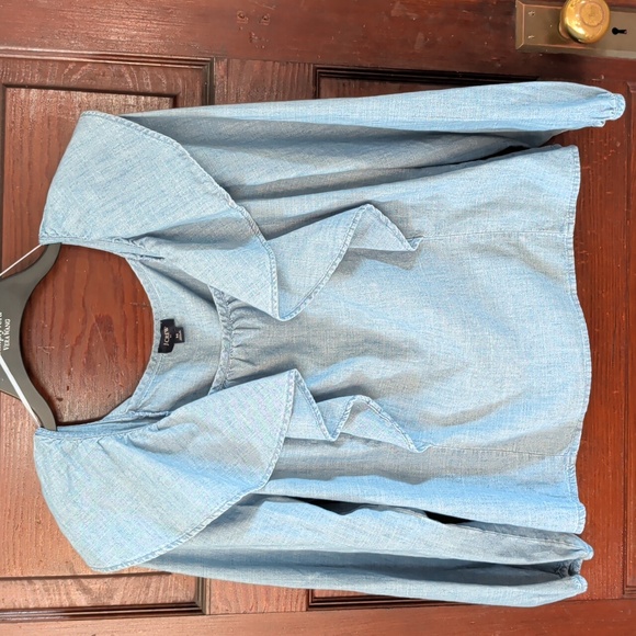 J. Crew Tops - J Crew Chambray Cottagecore Square Neck Ruffle Long Sleeve Top M